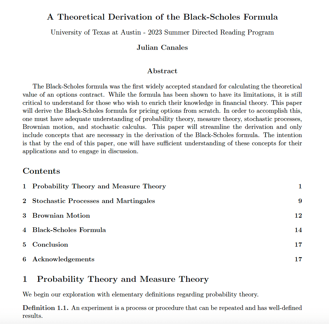 Black-Scholes derivation paper screenshot